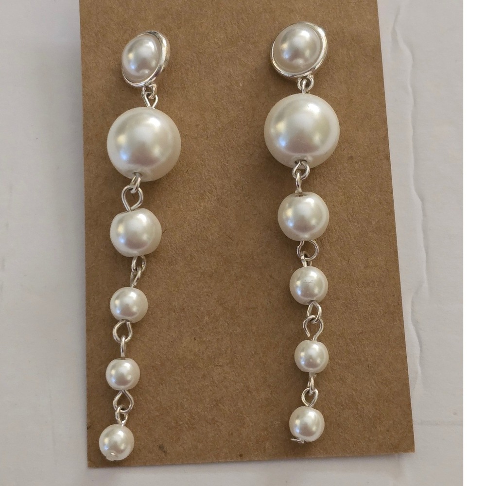 White Faux Pearl Graduated Long Drop Dangle Earrings Silver Tone Post Backs